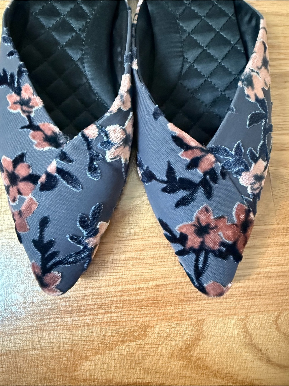 Birdies The Swan Cherry Blossom Mules—Pink and Gray Velvet Appliqué—NWOT